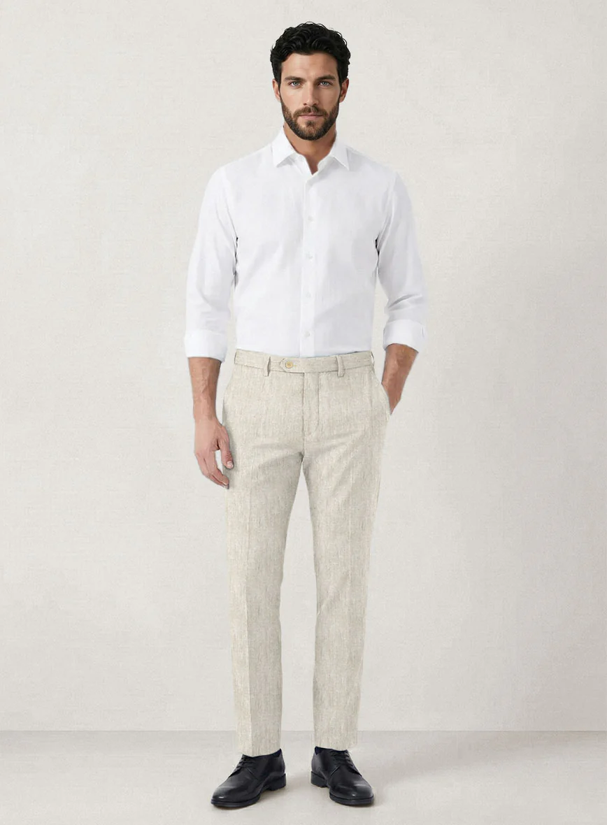 Italian Prato Beige Herringbone Linen Pants - Image 3