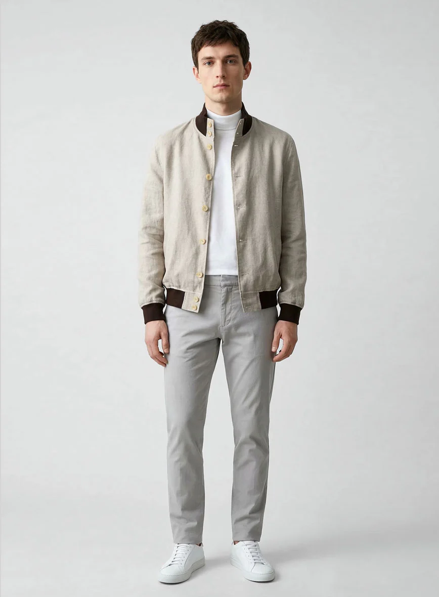 Italian Prato Beige Linen Bomber Jacket - Image 3