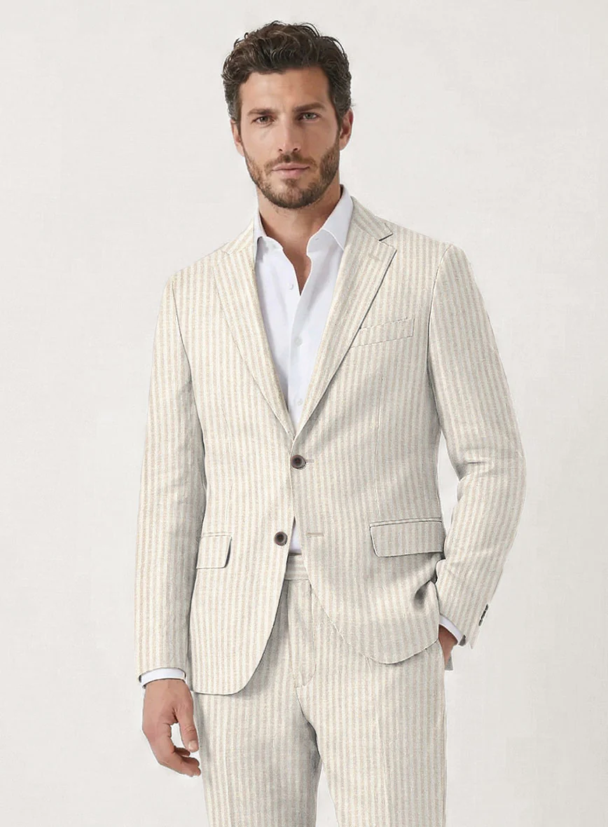 Italian Prato Beige Pinstripe Linen Suit - Image 3