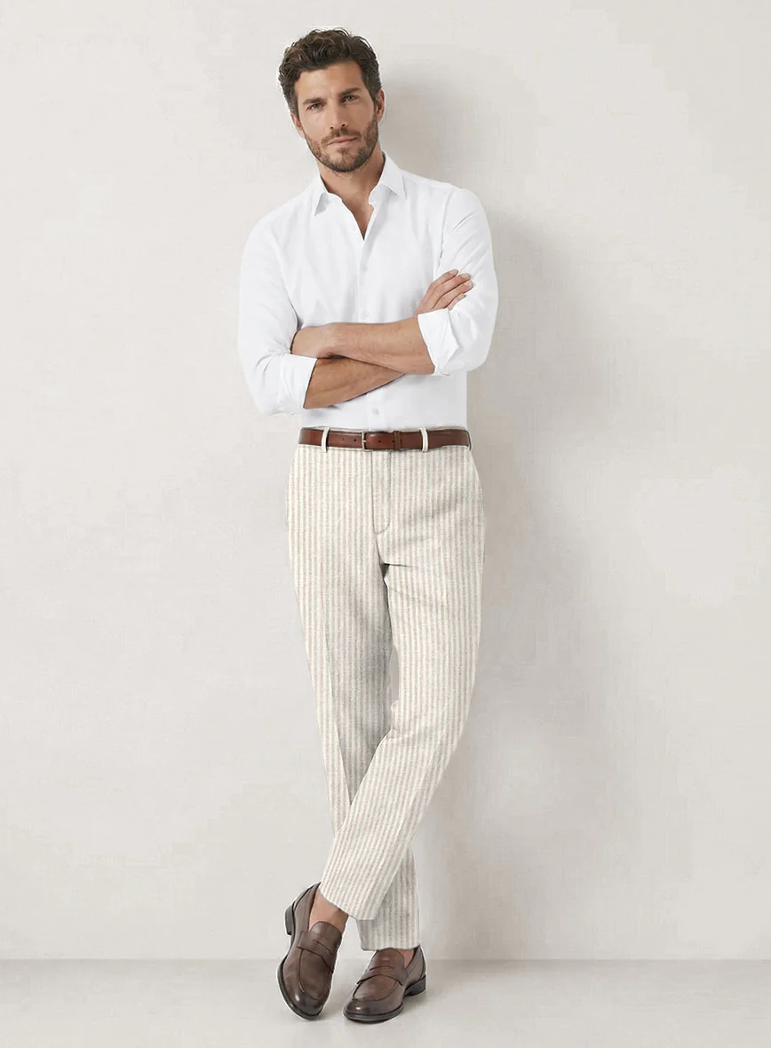 Italian Prato Beige Pinstripe Linen Pants - Image 3