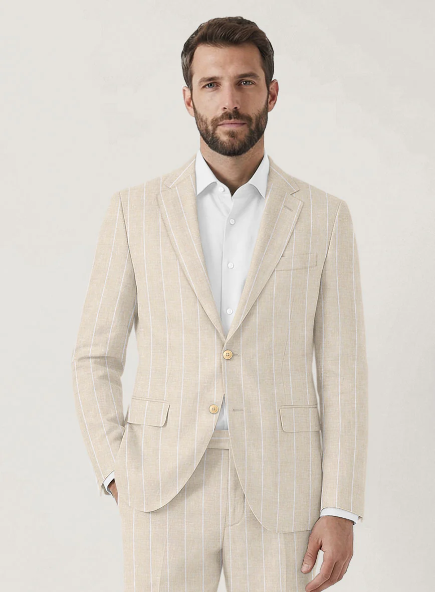 Italian Prato Beige Wide Stripe Linen Suit - Image 3