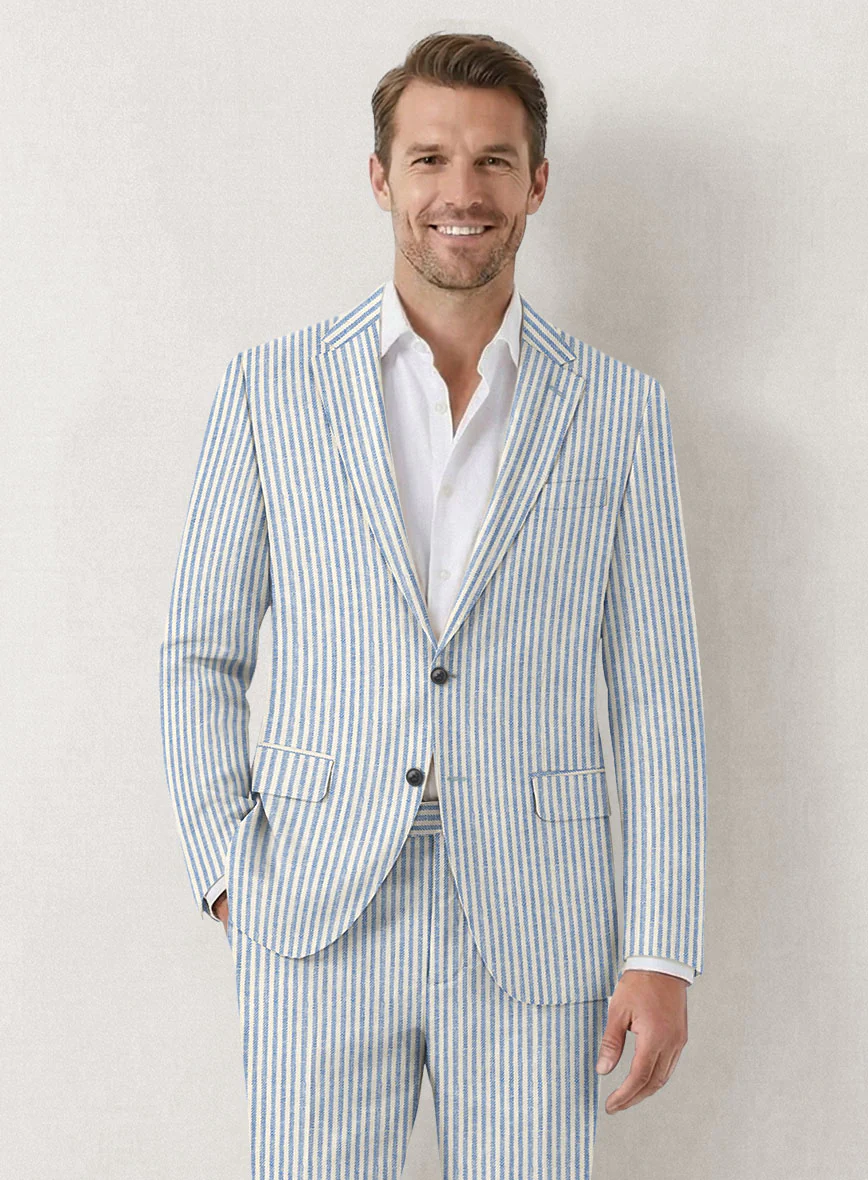 Italian Prato Blue Pinstripe Linen Jacket - Image 2