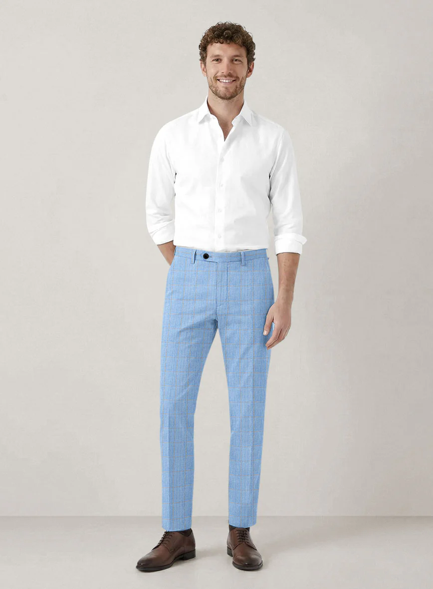 Italian Prato Blue Windowpane Linen Pants - Image 3