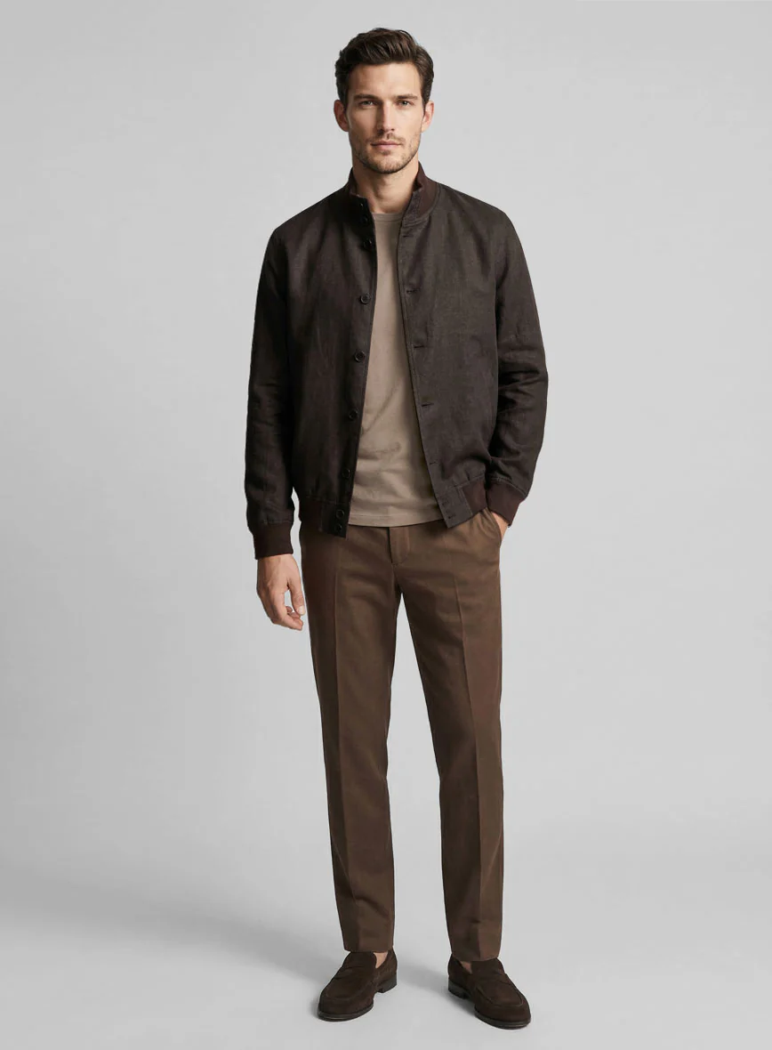 Italian Prato Brown Linen Bomber Jacket - Image 3