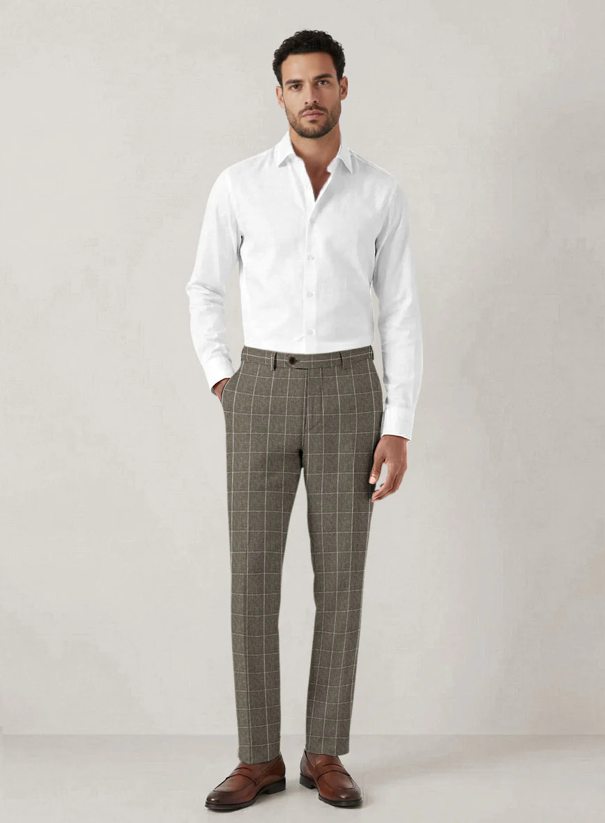 Italian Prato Brown Windowpane Linen Pants - Image 3
