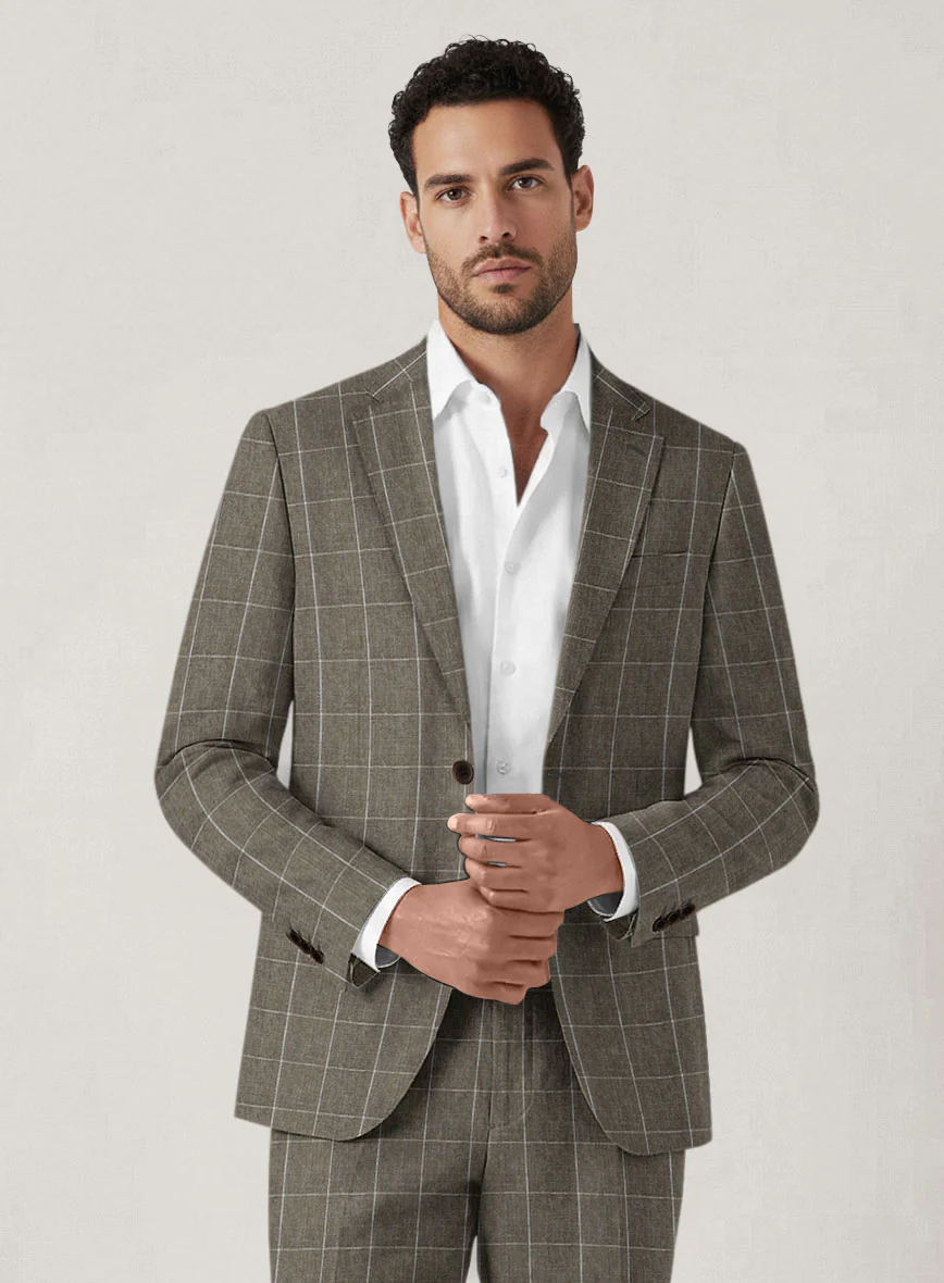 Italian Prato Brown Windowpane Linen Suit - Image 3