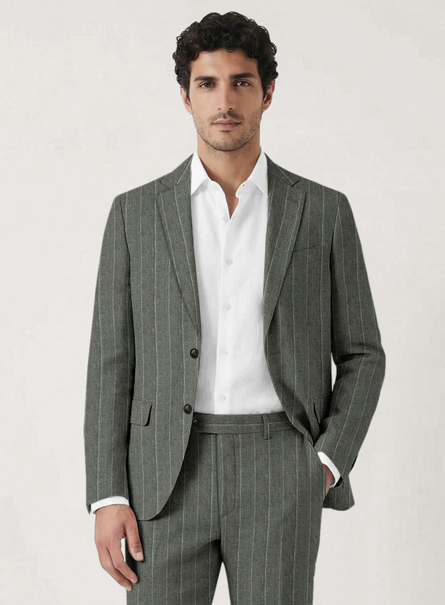 Italian Prato Deep Moss Wide Stripe Linen Suit - Image 3