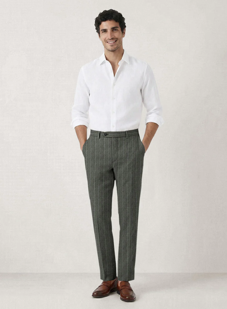 Italian Prato Deep Moss Wide Stripe Linen Pants - Image 3