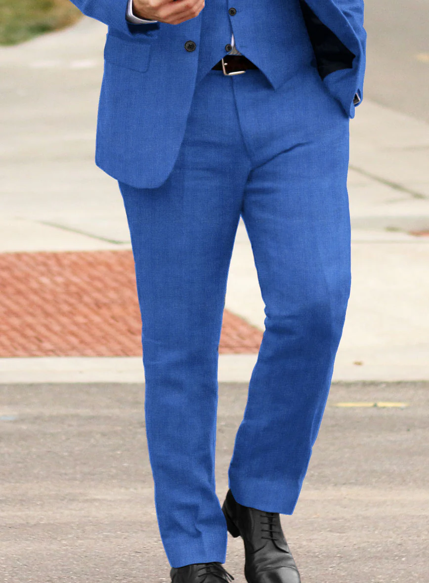 Italian Prato Electric Blue Herringbone Linen Pants - Image 2