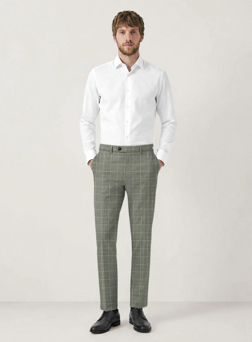 Italian Prato Green Windowpane Linen Pants - Image 3