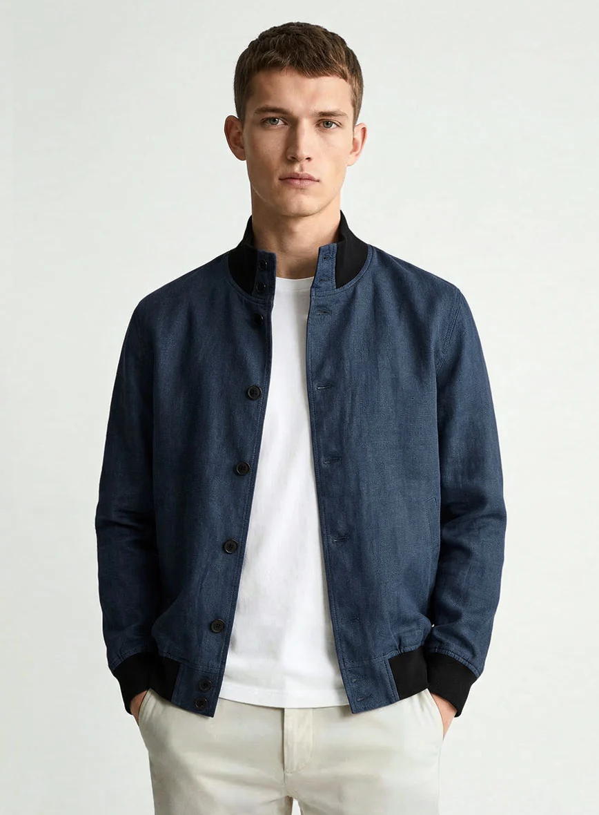 Italian Prato Indigo Blue Linen Bomber Jacket