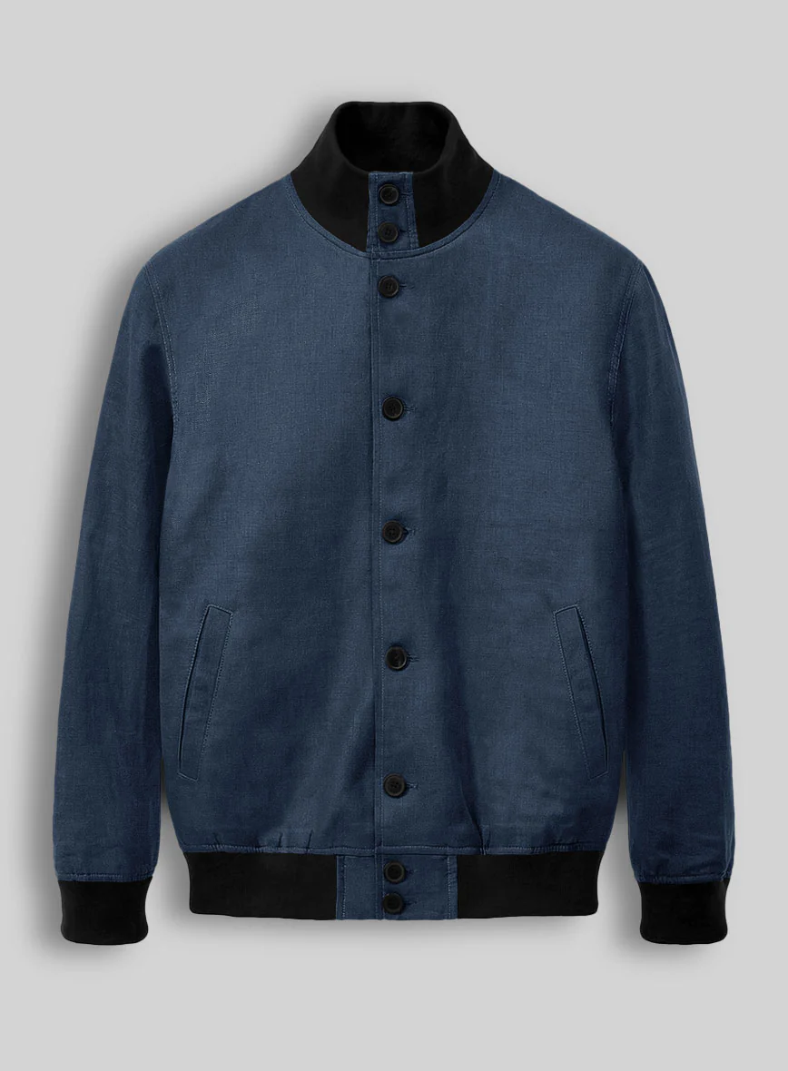 Italian Prato Indigo Blue Linen Bomber Jacket - Image 2