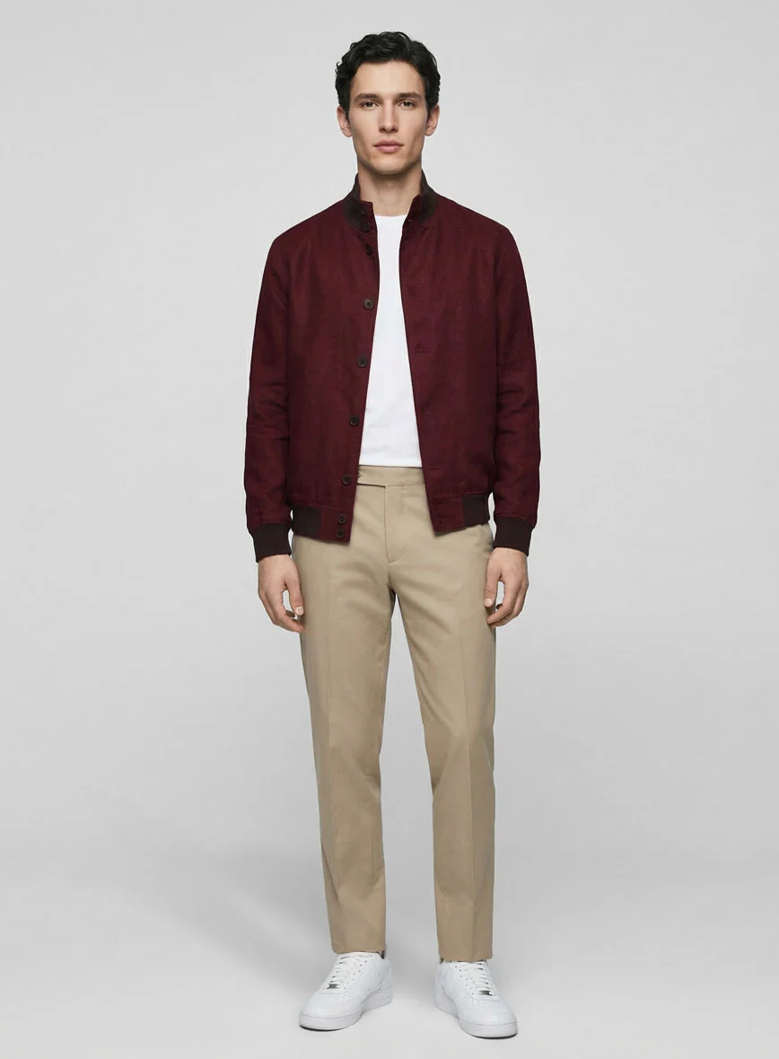 Italian Prato Maroon Linen Bomber Jacket - Image 3