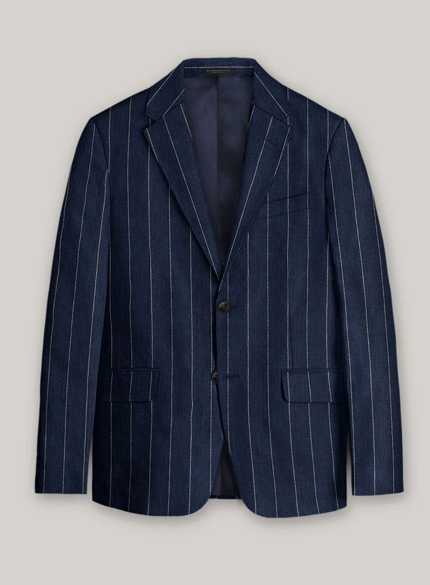Italian Prato Midnight Blue Wide Stripe Linen Suit - Image 2