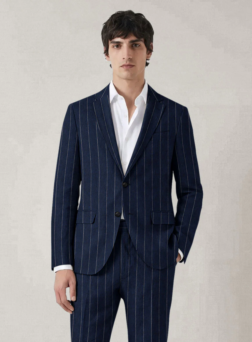 Italian Prato Midnight Blue Wide Stripe Linen Suit - Image 3