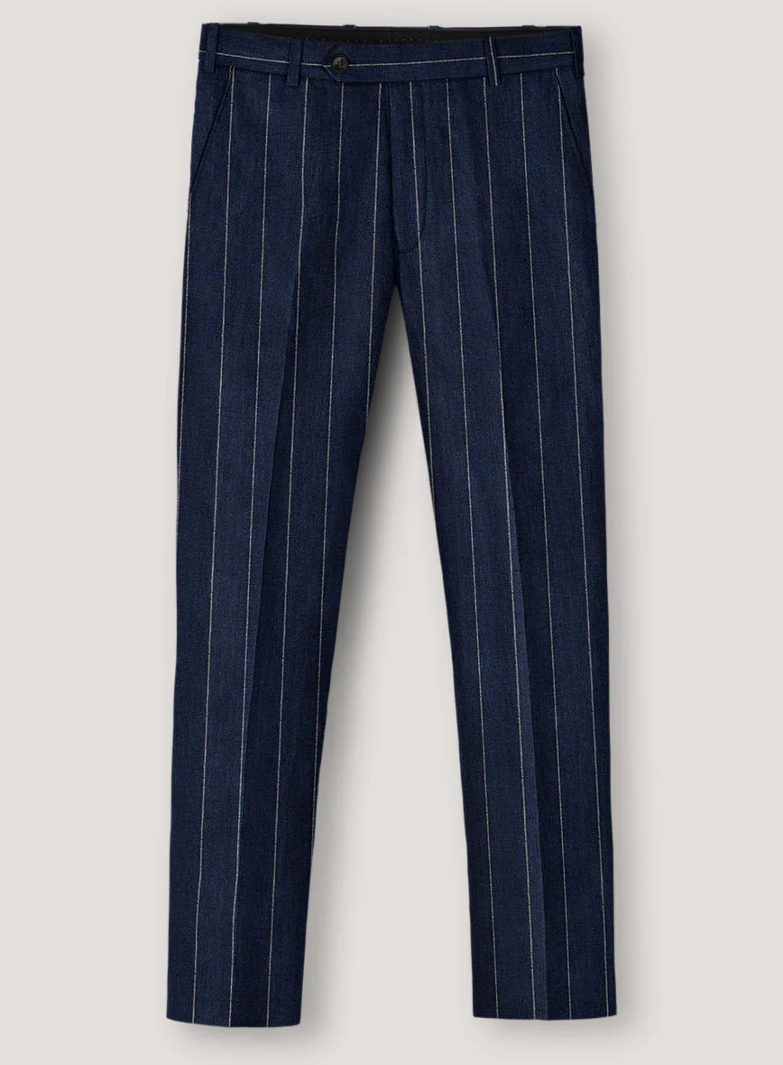 Italian Prato Midnight Blue Wide Stripe Linen Pants - Image 2