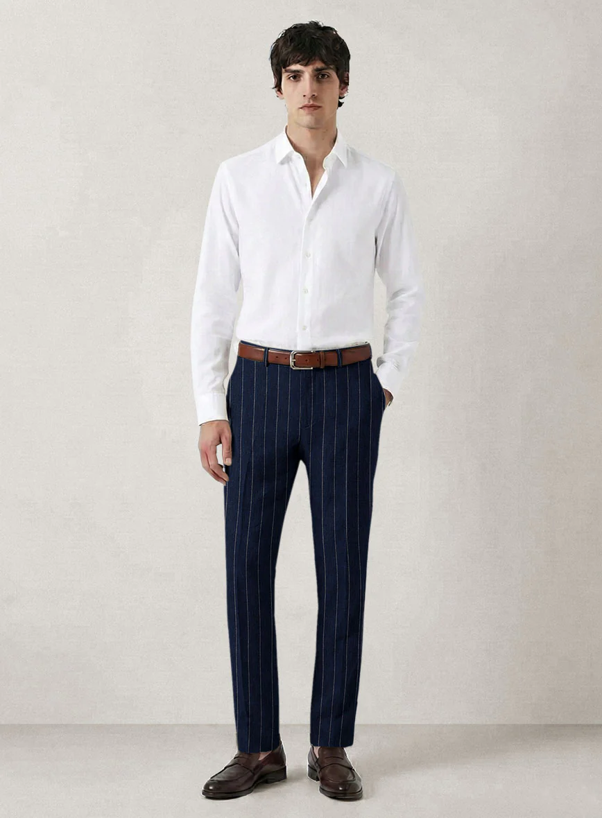 Italian Prato Midnight Blue Wide Stripe Linen Pants - Image 3