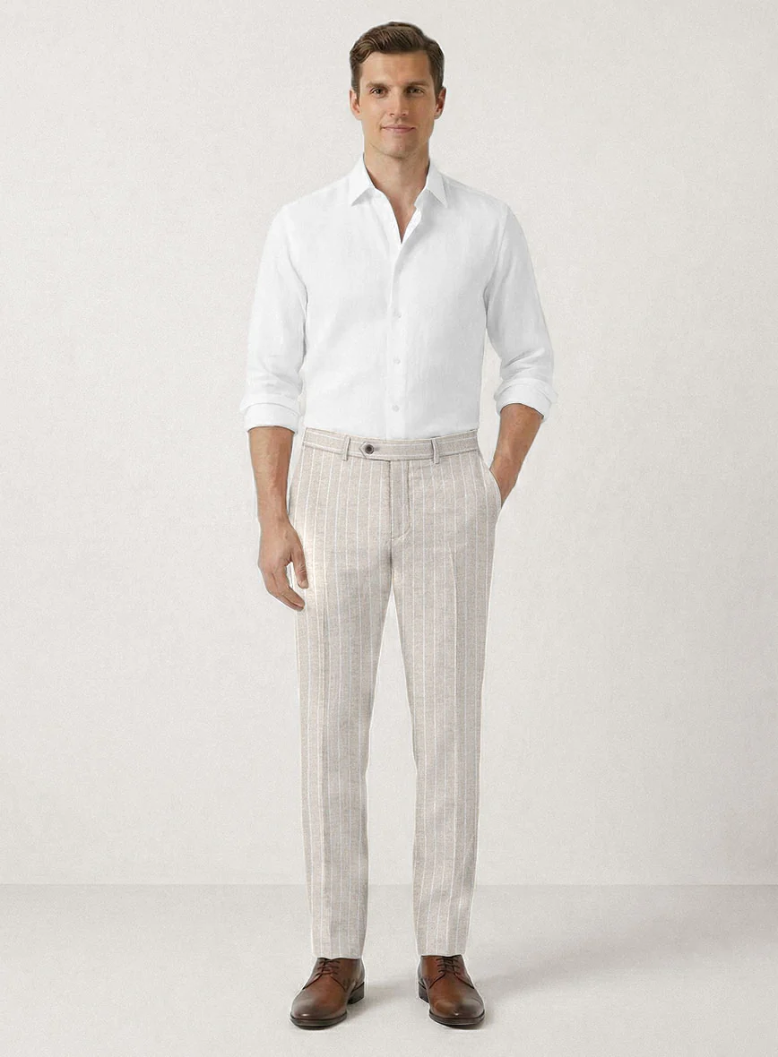 Italian Prato Oatmoss Stripe Linen Pants - Image 3
