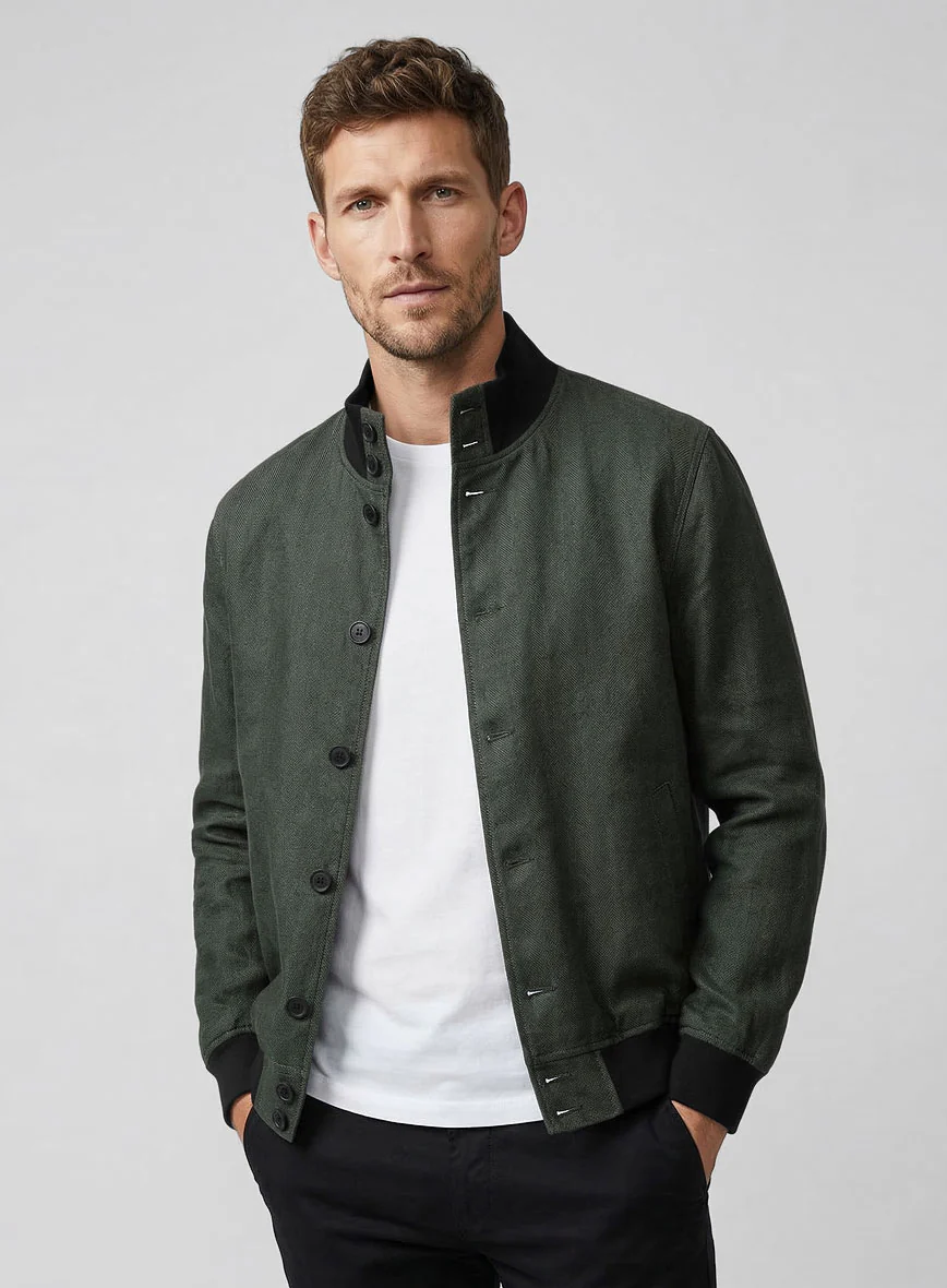 Italian Prato Olive Green Herringbone Linen Bomber Jacket