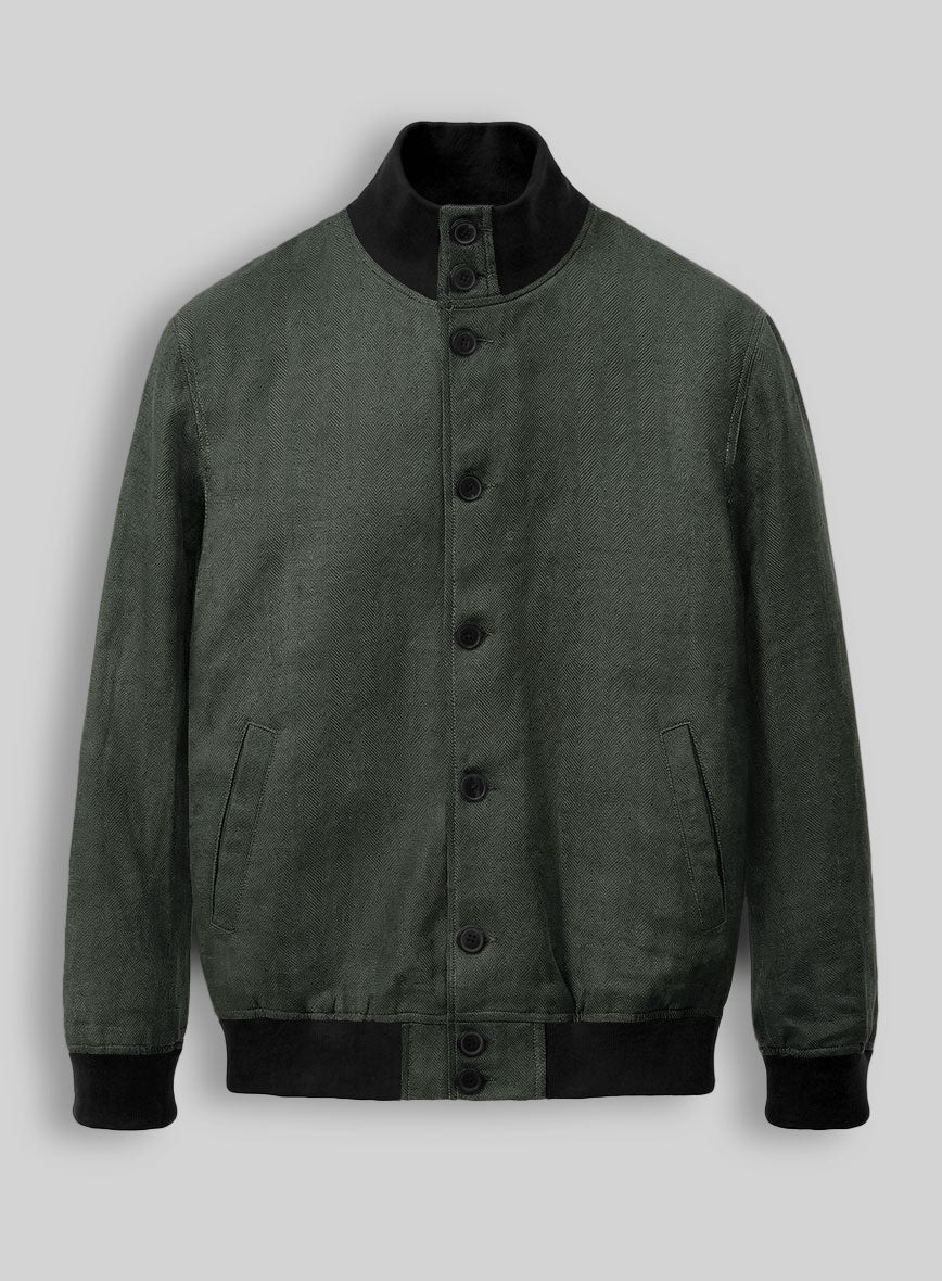 Italian Prato Olive Green Herringbone Linen Bomber Jacket - Image 2