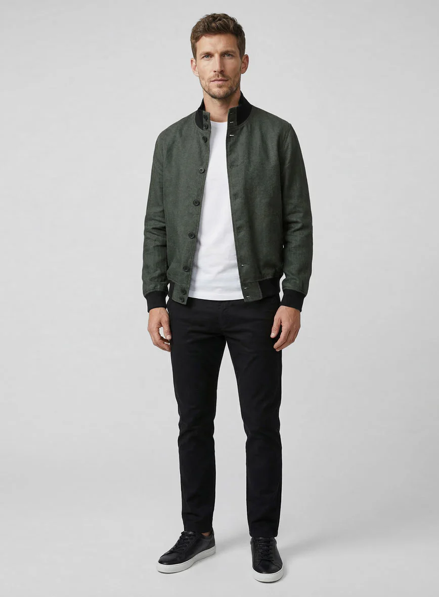 Italian Prato Olive Green Herringbone Linen Bomber Jacket - Image 3