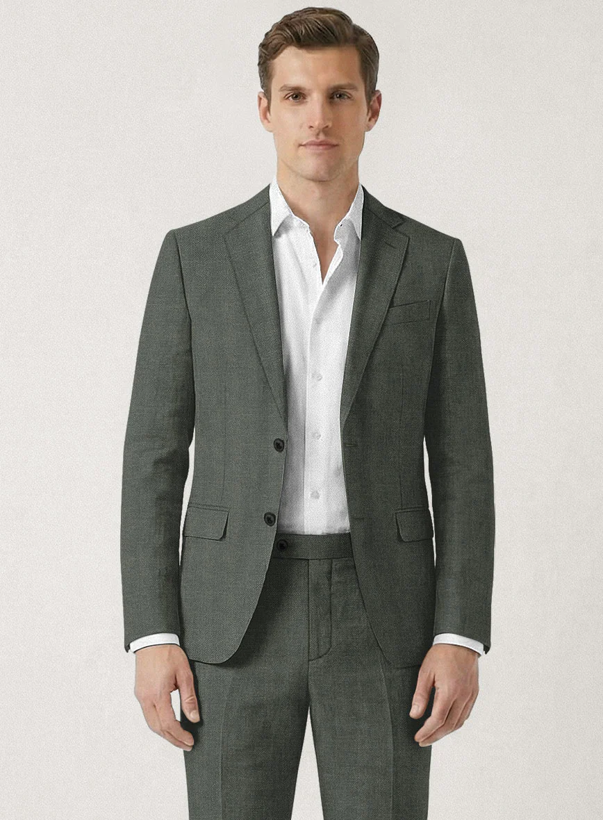 Italian Prato Olive Green Herringbone Linen Suit - Image 4