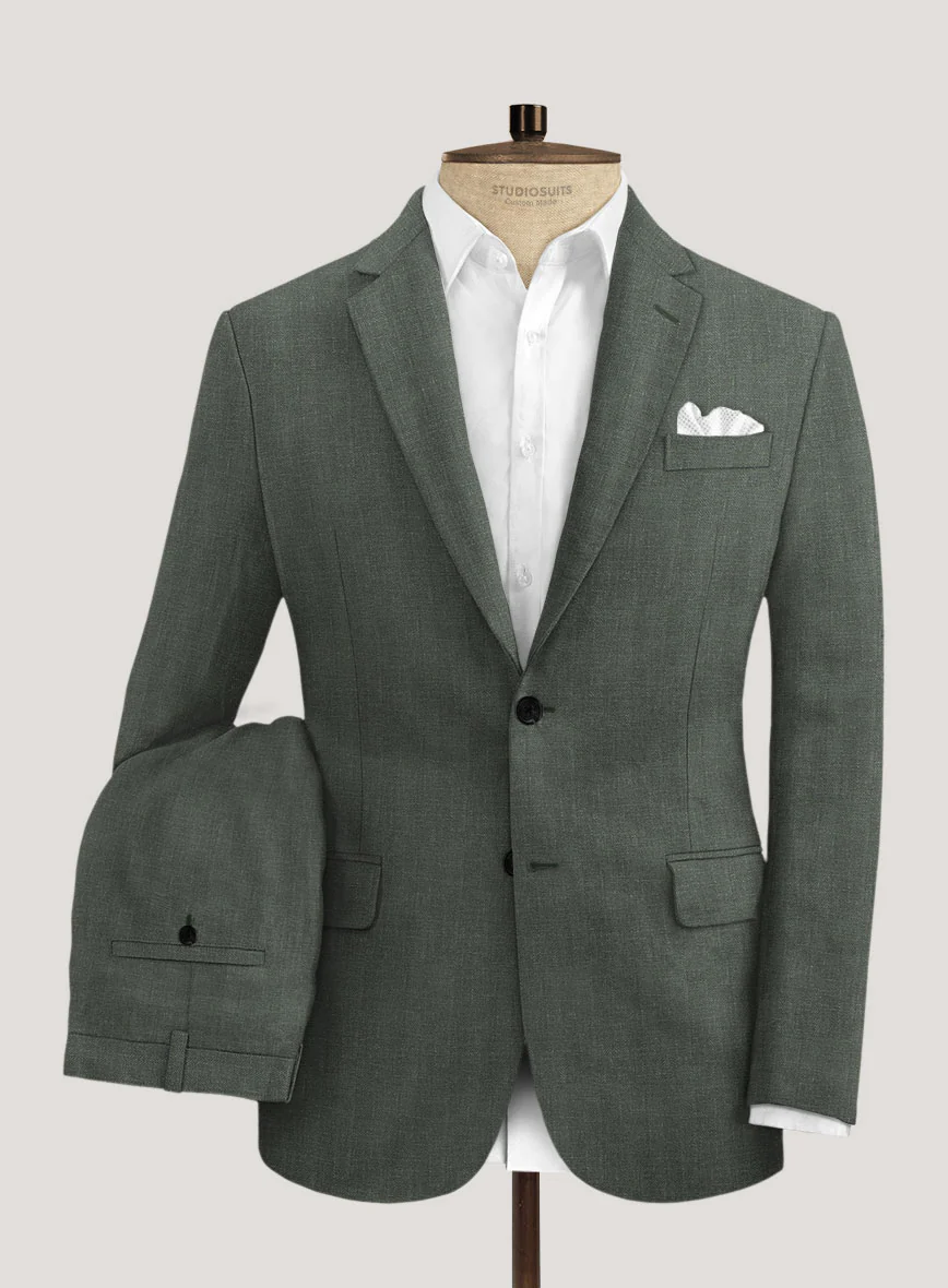 Italian Prato Olive Green Herringbone Linen Suit - Image 2