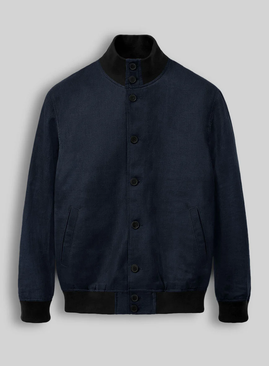 Italian Prato Oxford Blue Linen Bomber Jacket - Image 2