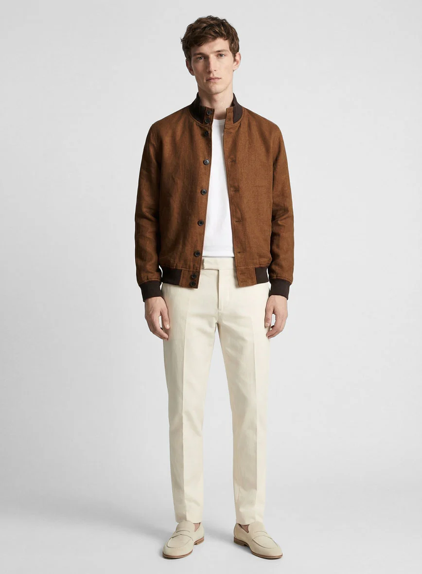 Italian Prato Rust Linen Bomber Jacket - Image 3