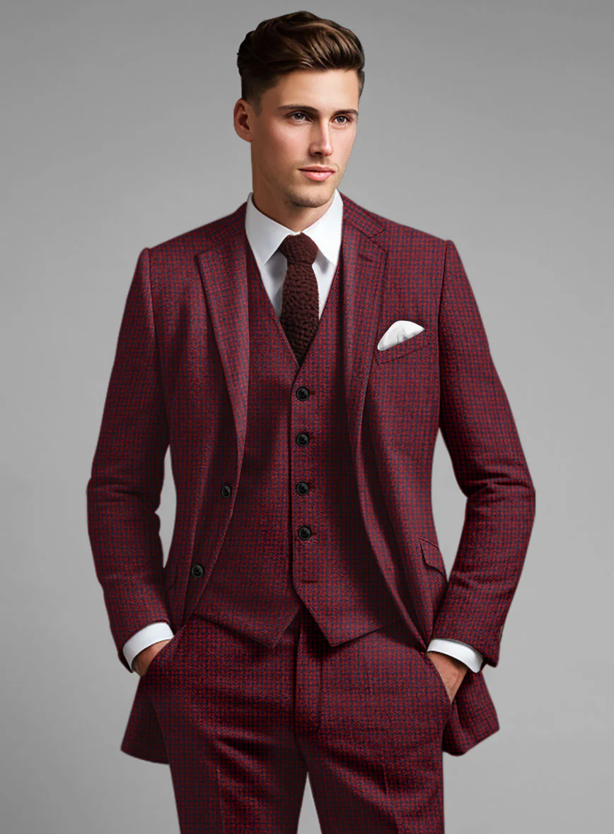 Italian Red Houndstooth Tweed Suit - Image 4