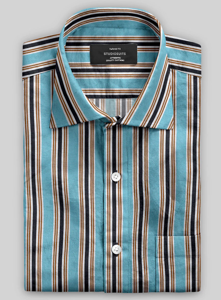 Italian Striped Blue Summer Linen Shirt - Image 2