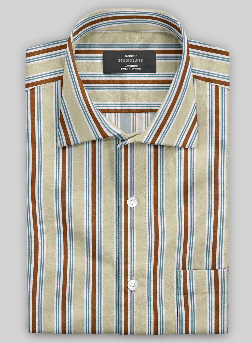 Italian Striped Khaki Summer Linen Shirt - Image 2