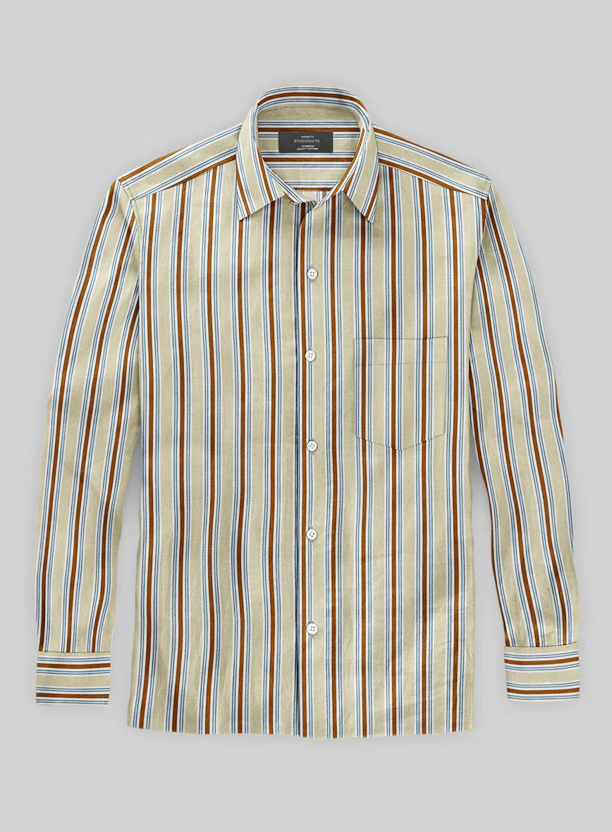 Italian Striped Khaki Summer Linen Shirt - Image 2
