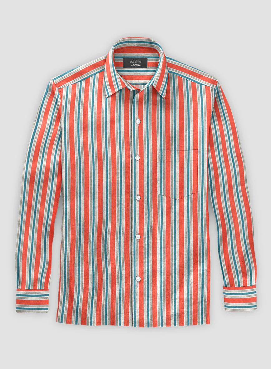 Italian Striped Neon Peach Summer Linen Shirt - Image 2