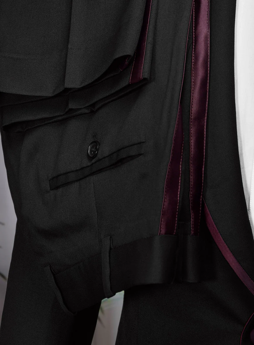 Italian Style Black Wool Tuxedo Suit - Wine Satin Trim II - Image 6