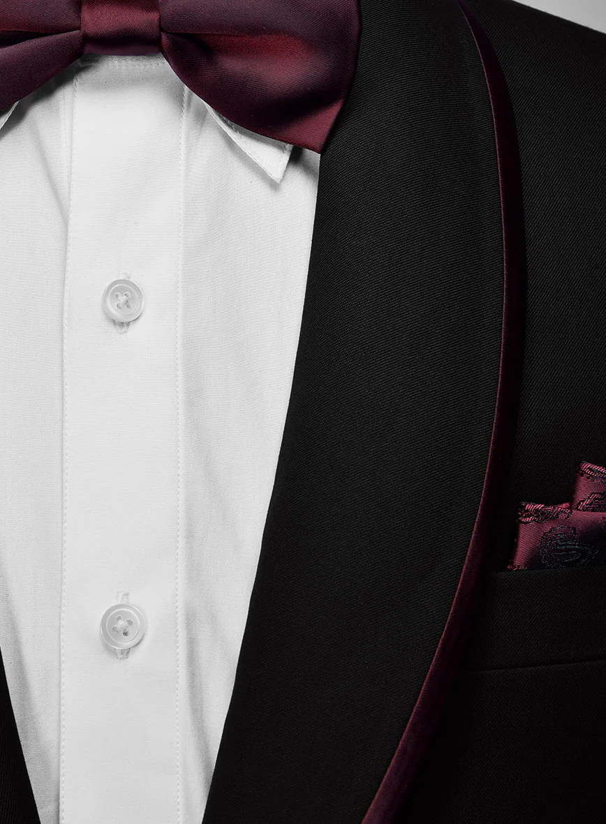 Italian Style Black Wool Tuxedo Suit - Wine Satin Trim II - Image 7