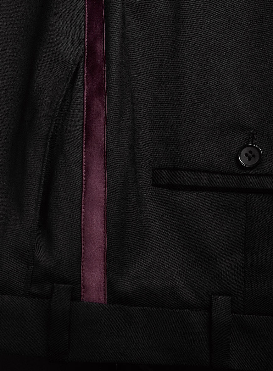 Italian Style Black Wool Tuxedo Suit - Wine Satin Trim II - Image 8