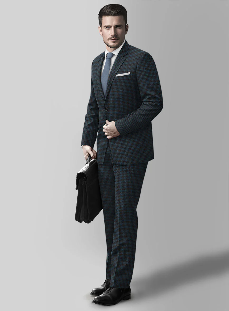 Italian Timas Teal Blue Houndstooth Flannel Suit - Image 2