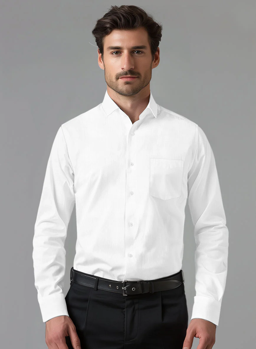 Italian White Slim Herringbone Shirt - Image 3