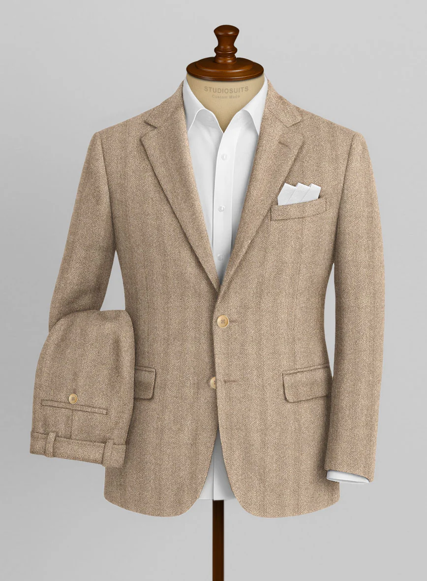 Italian Wide Herringbone Beige Tweed Suit - Image 2