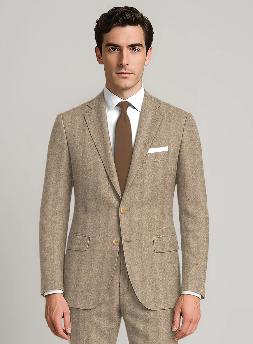 Italian Wide Herringbone Beige Tweed Suit - Image 4