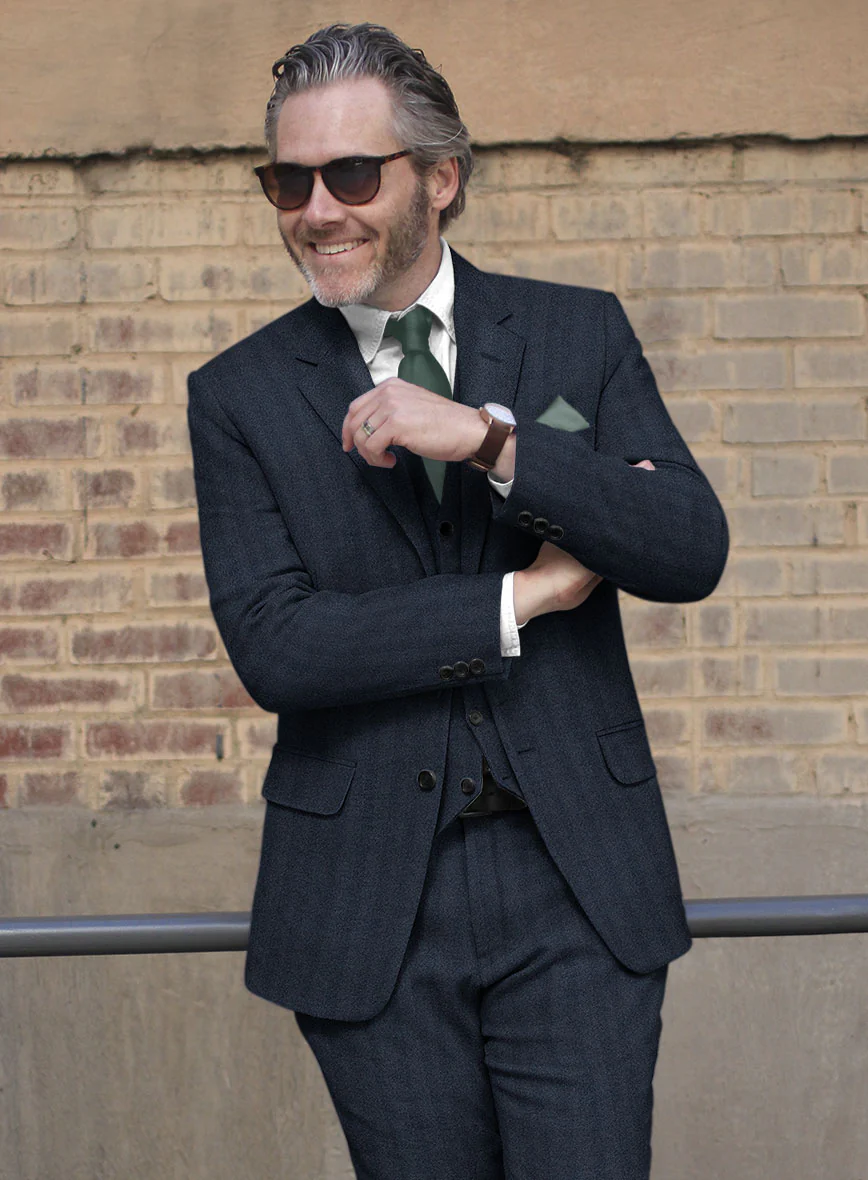 Italian Wide Herringbone Blue Tweed Jacket - Image 2