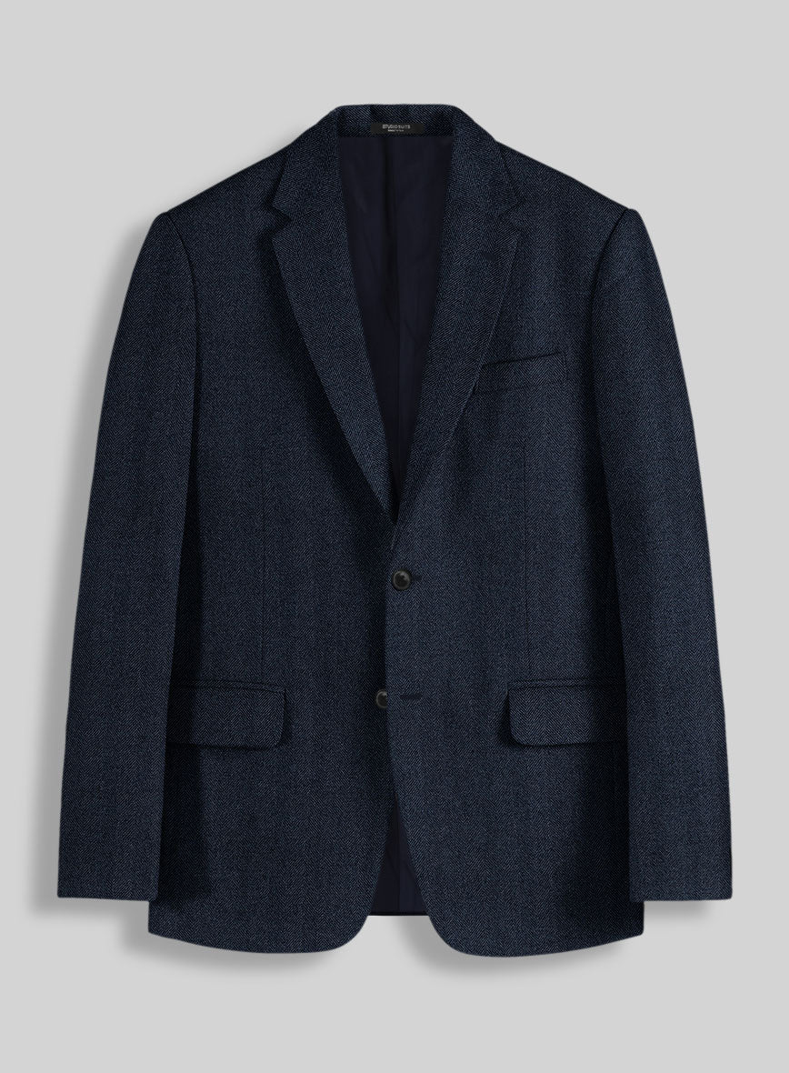 Italian Wide Herringbone Blue Tweed Jacket - Image 3