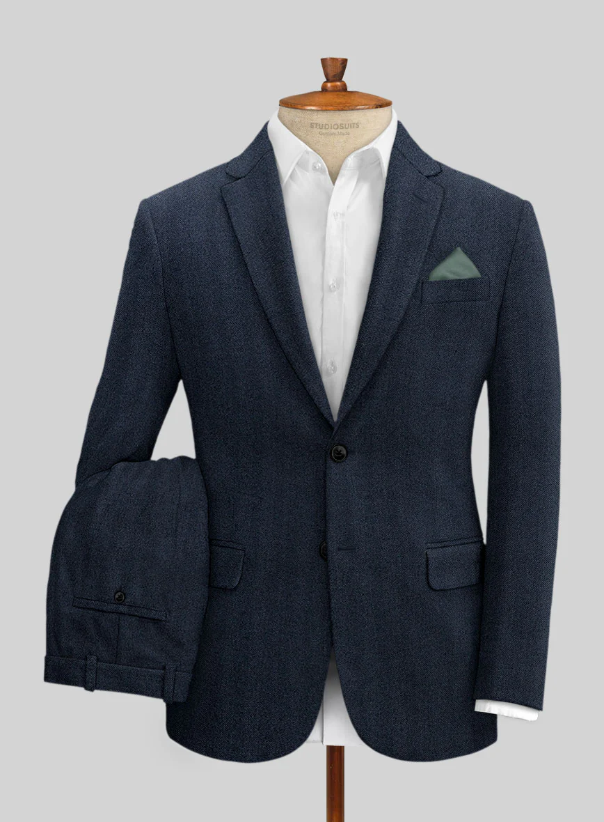 Italian Wide Herringbone Blue Tweed Suit - Image 2