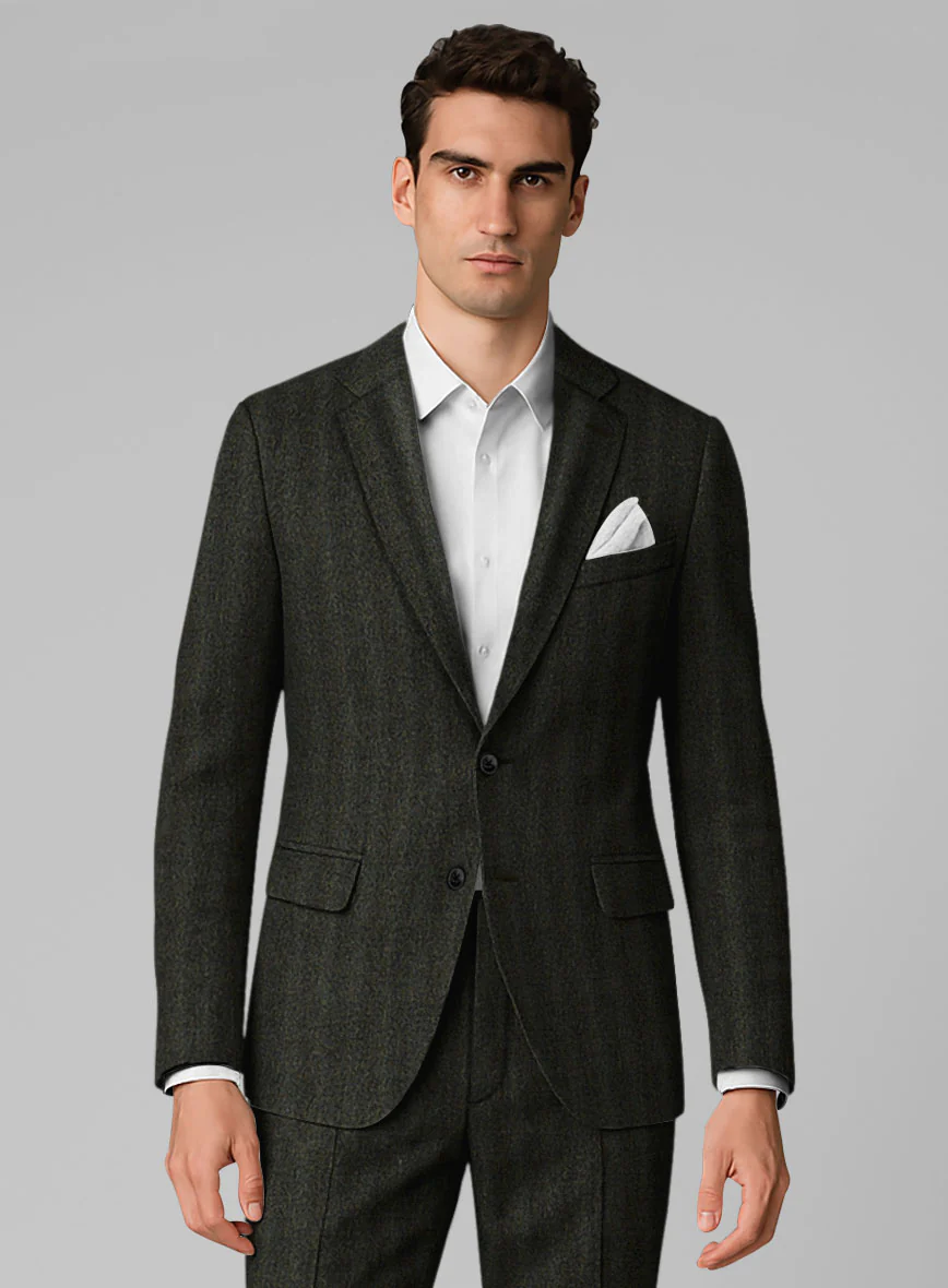 Italian Wide Herringbone Dark Green Tweed Jacket - Image 2