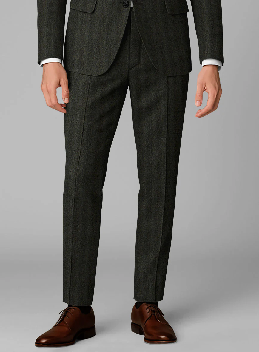 Italian Wide Herringbone Dark Green Tweed Pants - Image 2