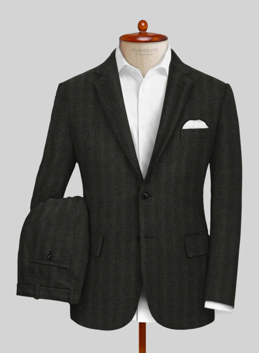 Italian Wide Herringbone Dark Green Tweed Suit - Image 2