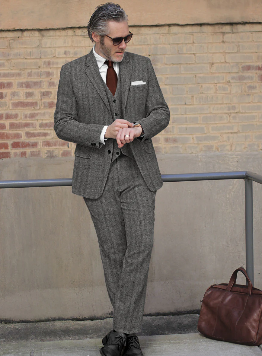 Italian Wide Herringbone Gray Tweed Suit - Image 2