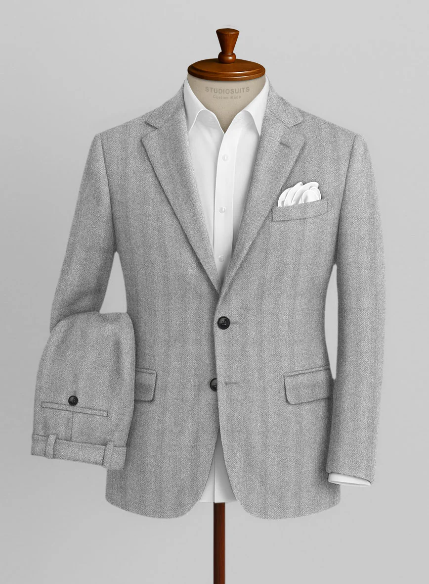 Italian Wide Herringbone Ice Gray Tweed Suit - Image 2