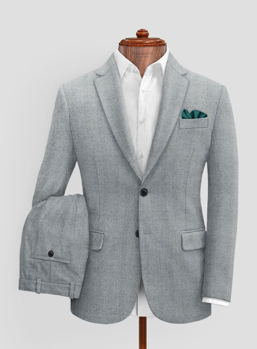 Italian Wide Herringbone Light Blue Tweed Suit - Image 2